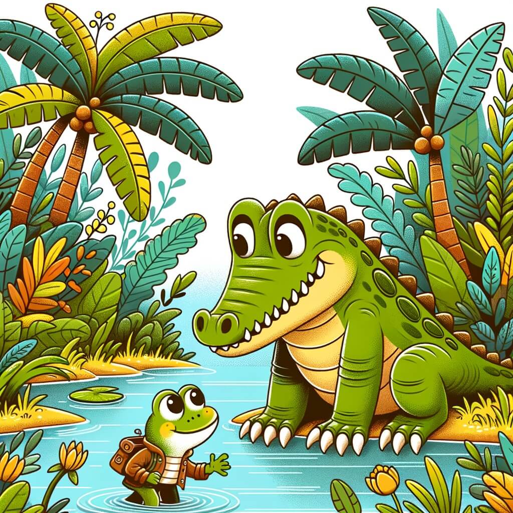 Une illustration destinée aux enfants représentant un jeune crocodile aventurier se liant d'amitié avec une grenouille dans un lac entouré de verdure luxuriante.
