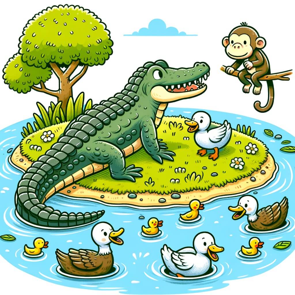Une illustration destinée aux enfants représentant un majestueux crocodile solitaire, se tenant sur une petite île verdoyante au milieu d'une grande rivière, avec en arrière-plan une famille de canards nageant joyeusement et un singe curieux observant depuis une branche.