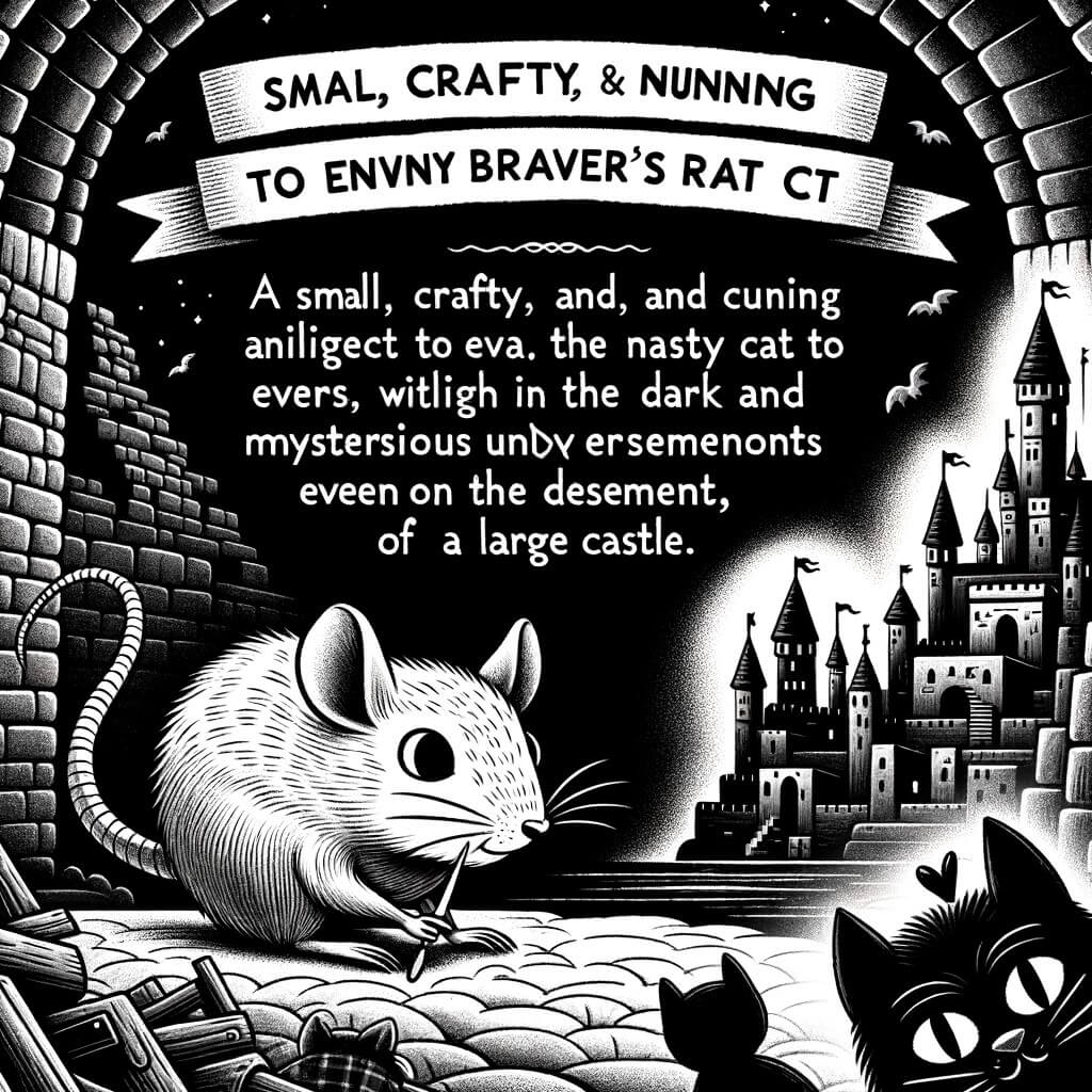 Une illustration destinée aux enfants représentant un petit rat malin et rusé, qui fait preuve de courage et d'intelligence pour échapper à un chat méchant, dans les sous-sols sombres et mystérieux d'un grand château.