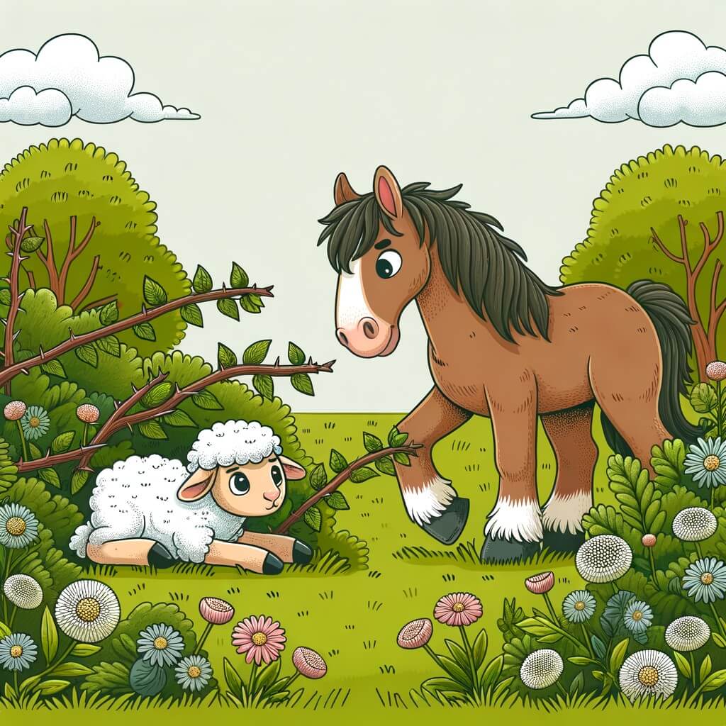 Une illustration destinée aux enfants représentant un majestueux cheval brun solitaire, se trouvant dans un pré verdoyant et fleuri, faisant la rencontre d'un adorable agneau pris au piège dans des ronces.