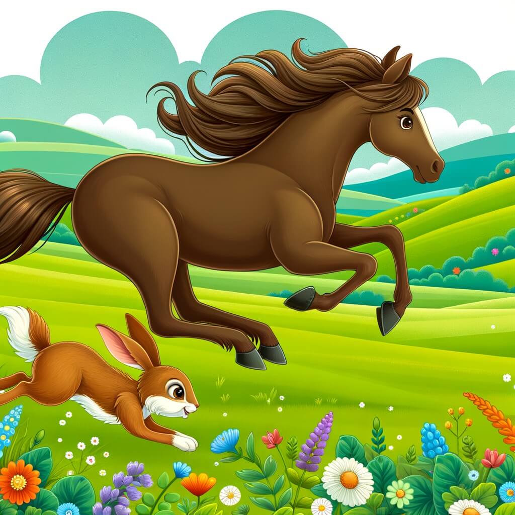Une illustration destinée aux enfants représentant un élégant cheval brun, avec une crinière flottante, faisant la course avec un lièvre rapide, dans une prairie luxuriante parsemée de fleurs colorées et entourée de collines verdoyantes.