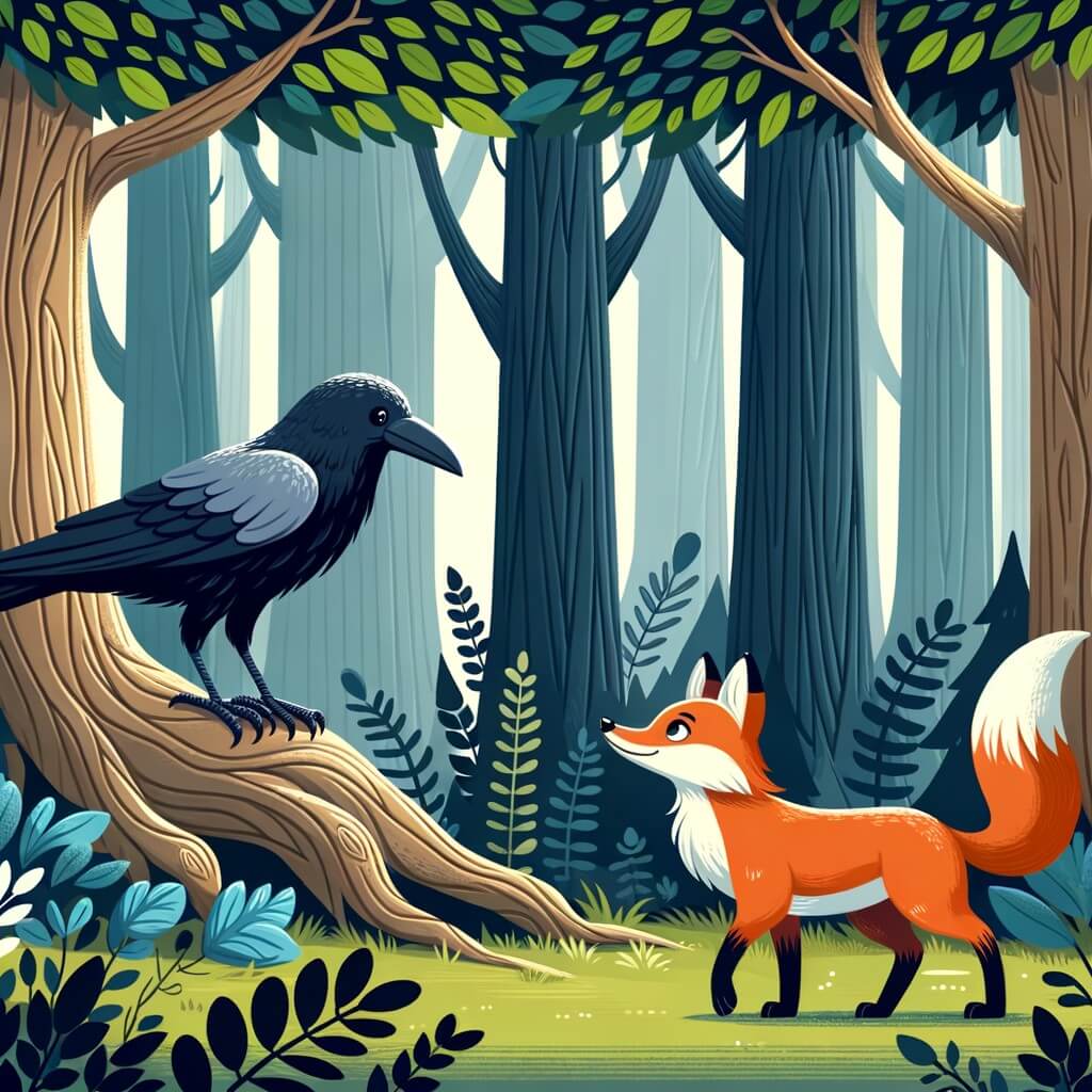Une illustration destinée aux enfants représentant un corbeau solitaire, rêvant d'amitié, rencontrant un renard maigre et un brin timide, dans une forêt dense aux arbres majestueux et aux feuilles chatoyantes.
