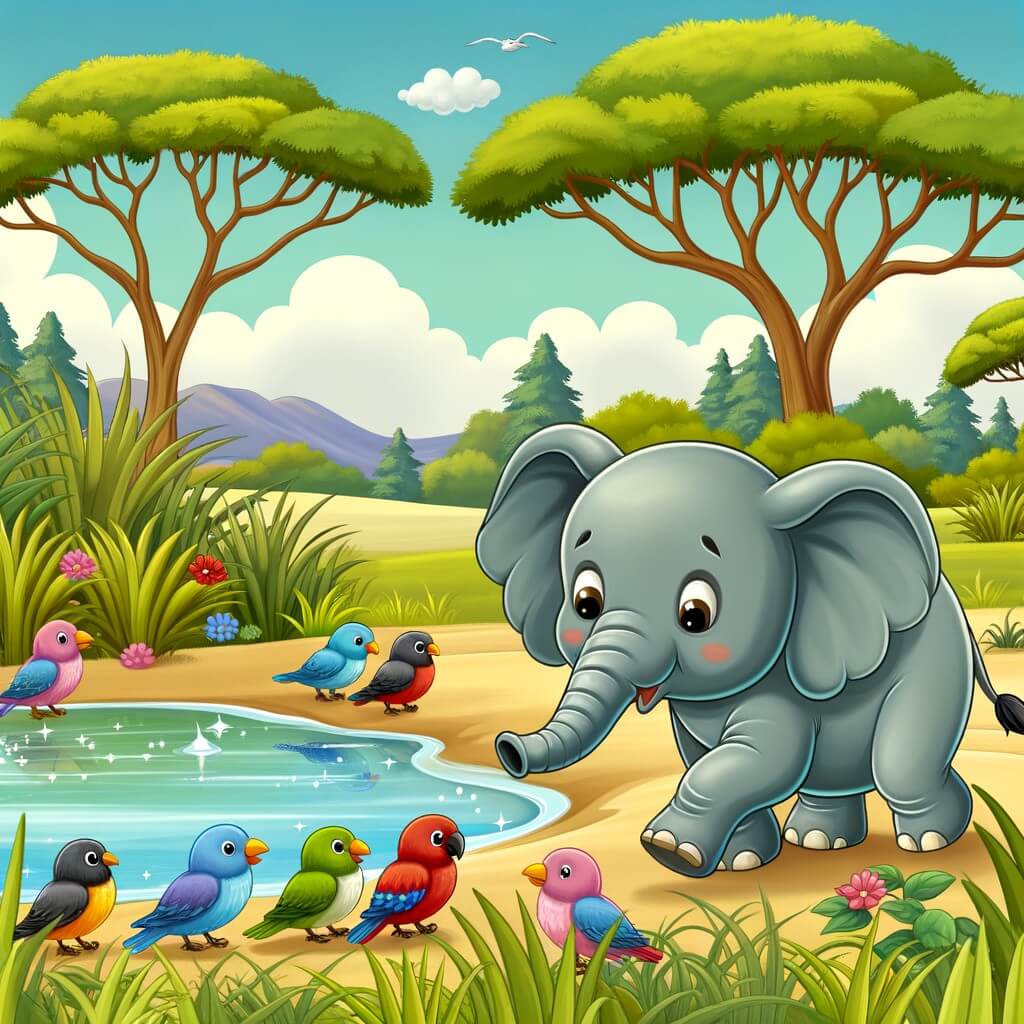 Une illustration destinée aux enfants représentant un éléphant curieux se trouvant dans la savane africaine, accompagné d'un groupe d'oiseaux colorés, près d'une rivière scintillante entourée de hautes herbes vertes et d'arbres majestueux.