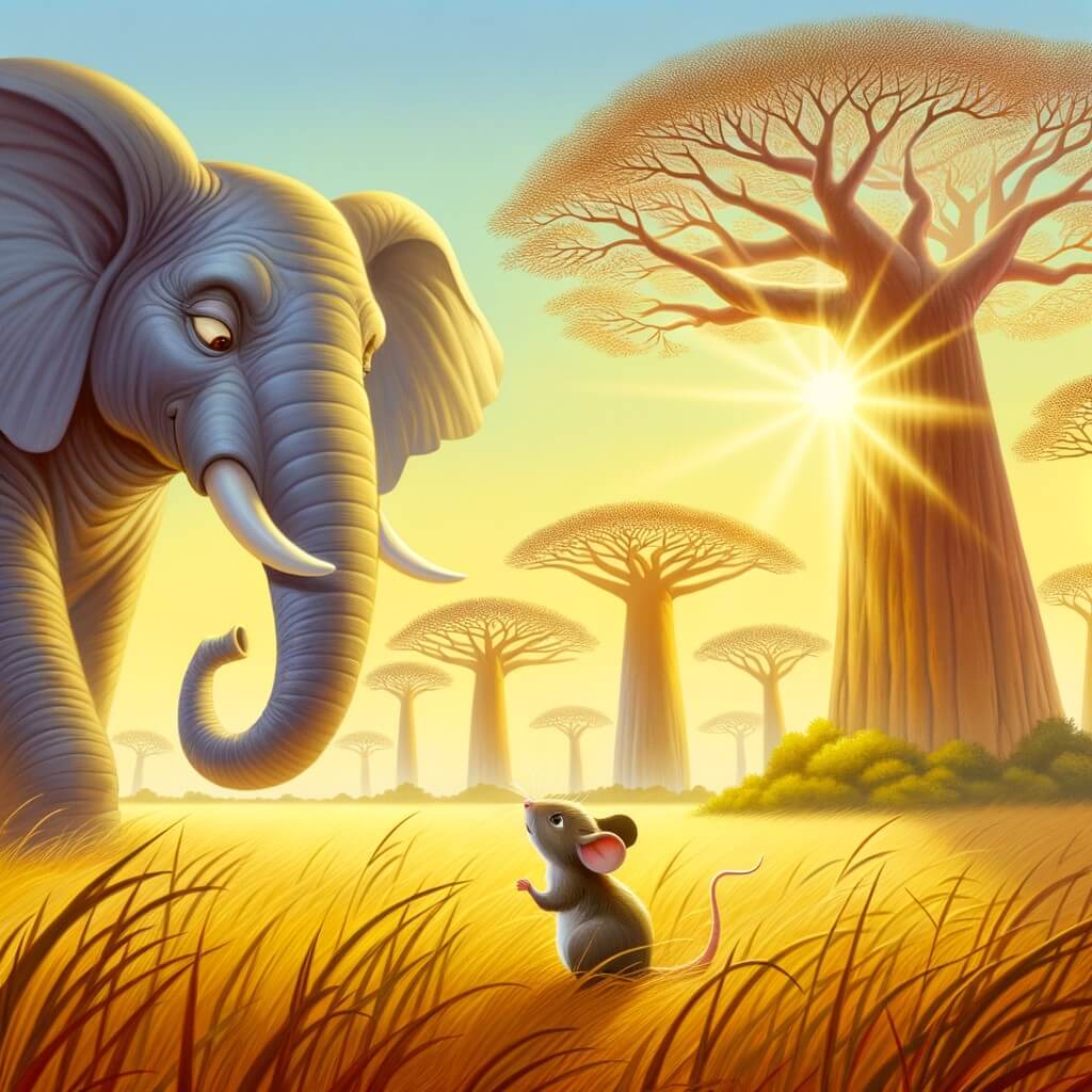 Une illustration pour enfants représentant un majestueux éléphant, confronté à sa vanité, dans la savane africaine.