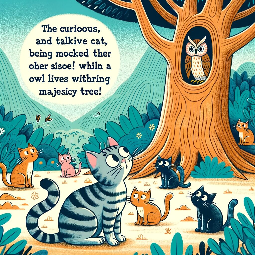 Une illustration destinée aux enfants représentant un chat curieux et bavard, se faisant moquer par d'autres chats, qui trouve refuge dans une forêt mystérieuse où un vieux hibou sage vit dans un grand arbre majestueux.