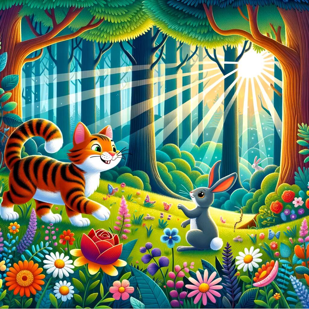 Une illustration destinée aux enfants représentant un chat malicieux et courageux, se liant d'amitié avec un lapin, dans une forêt enchantée remplie de grands arbres majestueux, de fleurs colorées et de rayons de soleil filtrant à travers le feuillage.