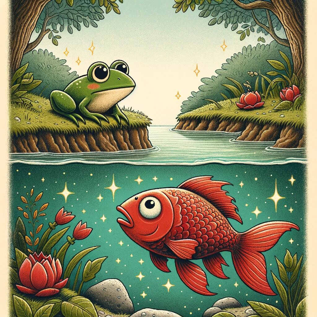 Une illustration destinée aux enfants représentant une petite grenouille intrépide se trouvant au bord d'une mare enchantée, où elle rencontre un poisson rouge en détresse.