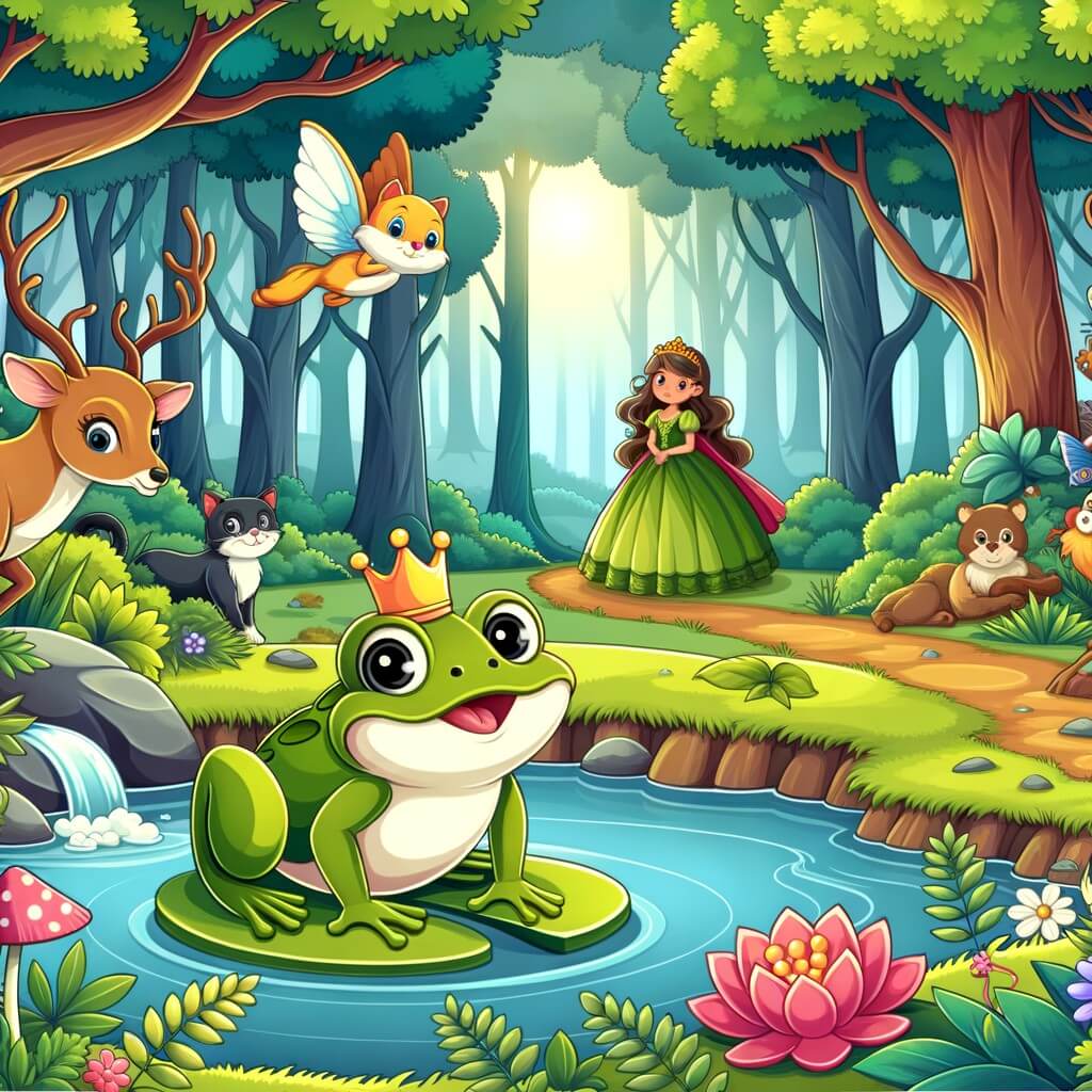 Une illustration destinée aux enfants représentant une grenouille curieuse et espiègle, se trouvant dans une mare enchantée au cœur d'une forêt luxuriante, accompagnée d'une princesse aventurière.