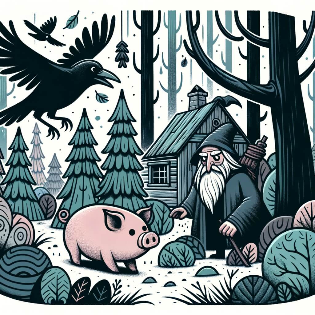 Une illustration destinée aux enfants représentant un petit cochon curieux et courageux, accompagné d'un vieux corbeau sage, explorant une forêt dense et mystérieuse, avec une petite maison en bois cachée au milieu des arbres.