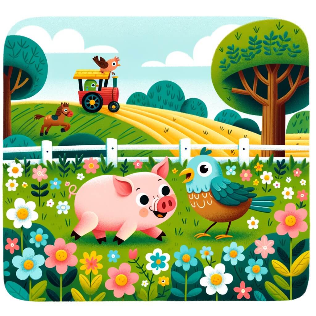 Une illustration destinée aux enfants représentant un petit cochon maladroit, accompagné d'un oiseau parlant, dans un champ verdoyant parsemé de fleurs colorées, où se déroule une grande course à la ferme.