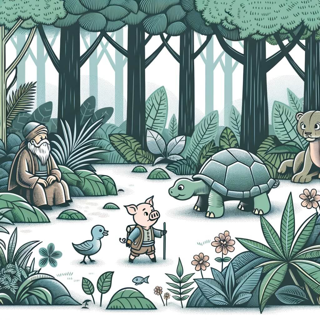 Une illustration destinée aux enfants représentant un petit cochon aventurier, se trouvant dans une forêt dense et verdoyante, rencontrant des animaux curieux et un vieux sage tortue, lors de son voyage d'exploration.