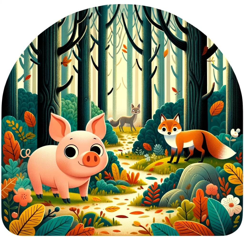 Une illustration pour enfants représentant un petit cochon curieux qui part en voyage pour découvrir de nouveaux horizons dans une forêt dense et mystérieuse.
