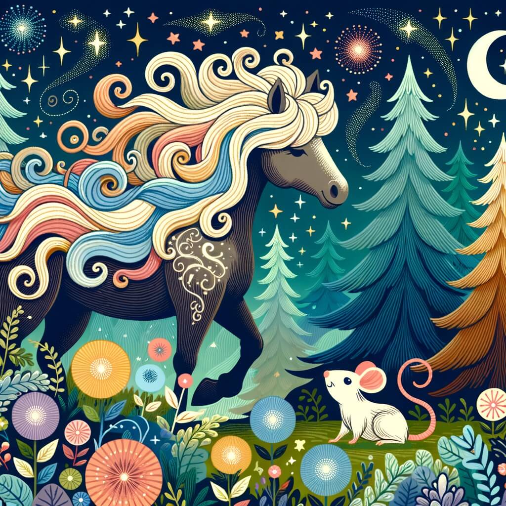 Une illustration destinée aux enfants représentant un majestueux cheval aux crins virevoltants, qui rêve de liberté, accompagné d'une petite souris curieuse, traversant une forêt dense et colorée, à la recherche d'une prairie lointaine remplie de fleurs chatoyantes.