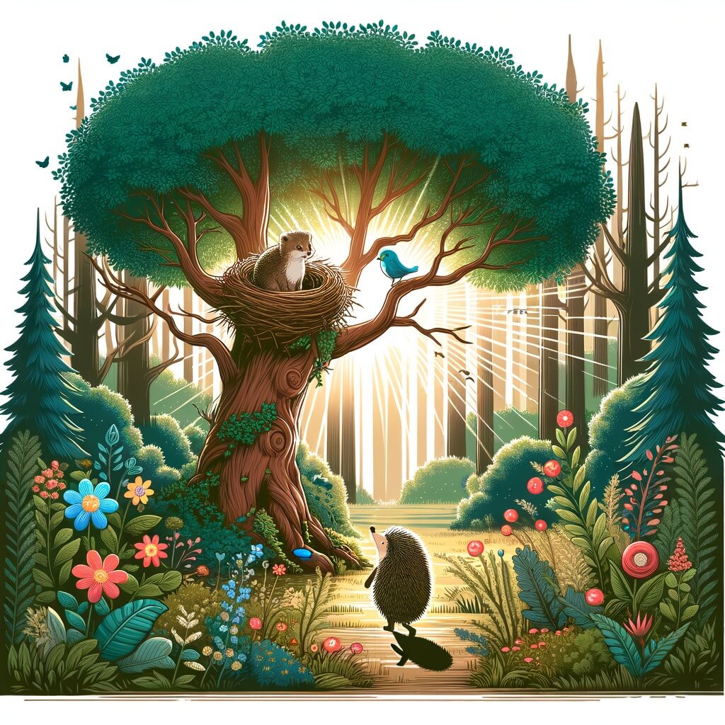 Une illustration pour enfants représentant un petit hérisson solitaire évoluant dans une forêt mystérieuse, cherchant à découvrir de nouveaux amis pour briser sa solitude.
