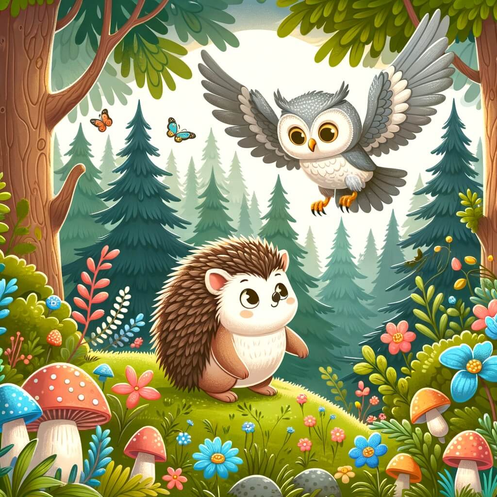 Une illustration destinée aux enfants représentant un adorable hérisson explorant une forêt enchantée, accompagné d'une chouette bienveillante, dans un paysage luxuriant avec des arbres majestueux, des fleurs colorées et des champignons mystérieux.