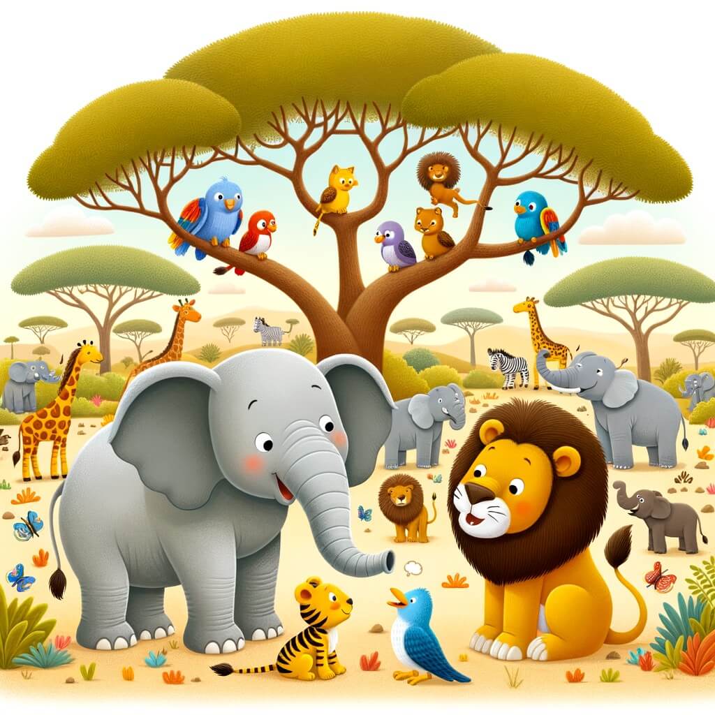 Une illustration destinée aux enfants représentant un éléphant curieux et parlant, accompagné d'un lion sage, dans la savane africaine, entourés d'animaux divers et colorés.