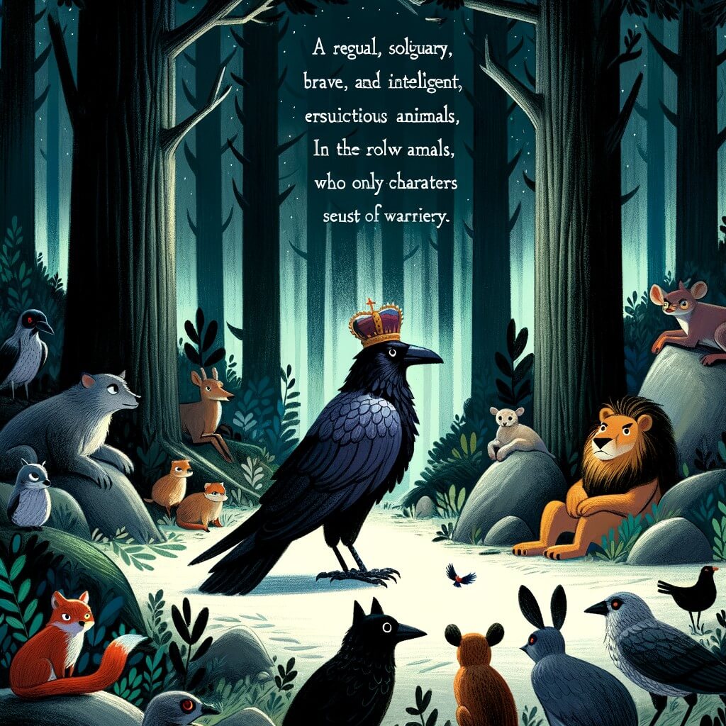 Une illustration destinée aux enfants représentant un élégant corbeau solitaire, courageux et intelligent, qui se trouve dans une sombre forêt dense, entouré d'animaux méfiants mais curieux qui l'observent avec méfiance.