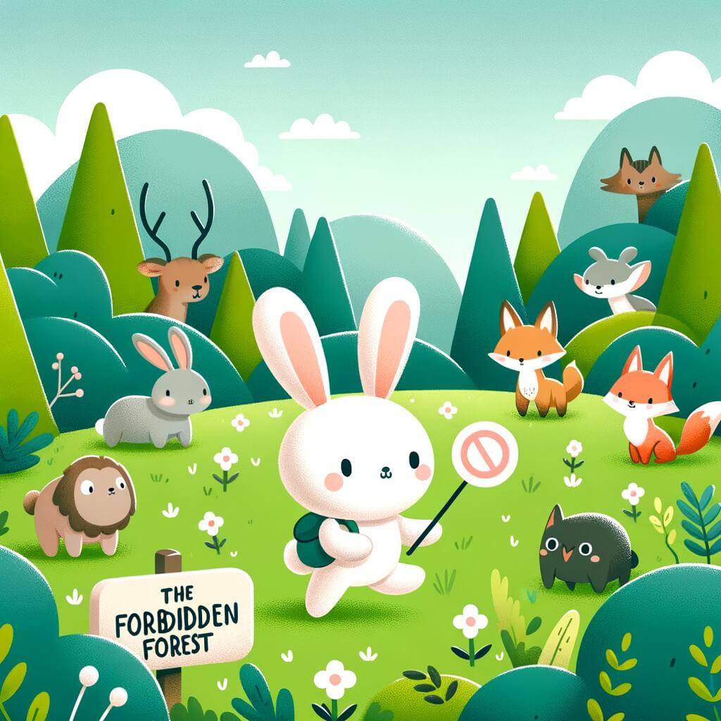 Une illustration destinée aux enfants représentant un adorable lapin aventurier se trouvant dans une prairie verdoyante entourée de collines, accompagné de divers animaux de la forêt interdite.