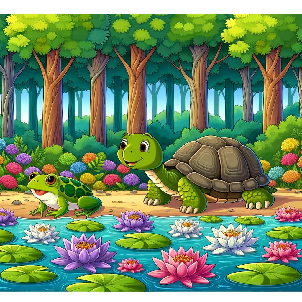 Une illustration destinée aux enfants représentant une tortue lente et solitaire, accompagnée d'une grenouille sautillante, dans une forêt luxuriante remplie de nénuphars colorés.