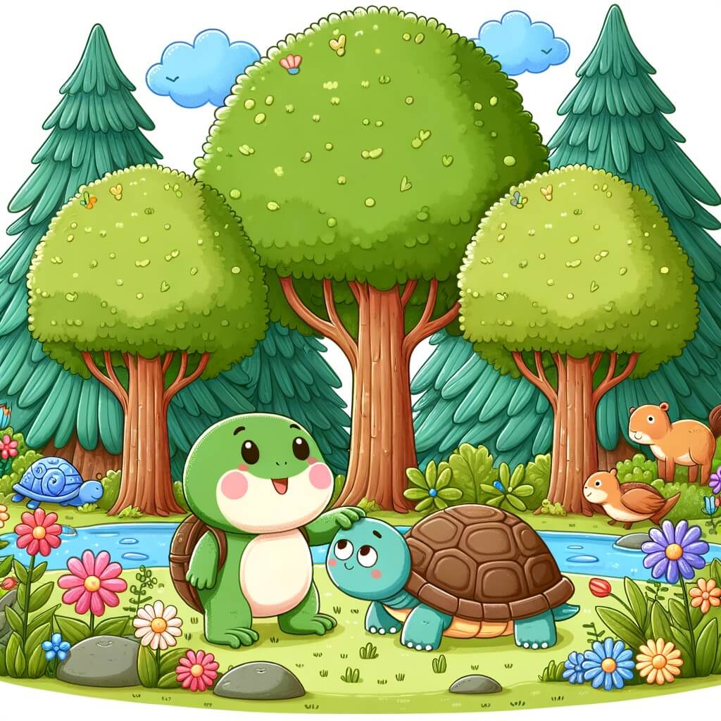 Une illustration destinée aux enfants représentant une petite grenouille joyeuse et curieuse, se liant d'amitié avec une tortue triste, dans une forêt luxuriante remplie d'arbres majestueux, de fleurs colorées et d'animaux espiègles.