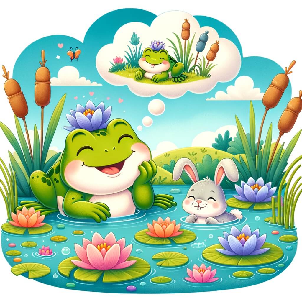 Une illustration destinée aux enfants représentant une joyeuse grenouille rêveuse, accompagnée d'un petit lapin, dans un étang enchanteur bordé de roseaux et de nénuphars multicolores.