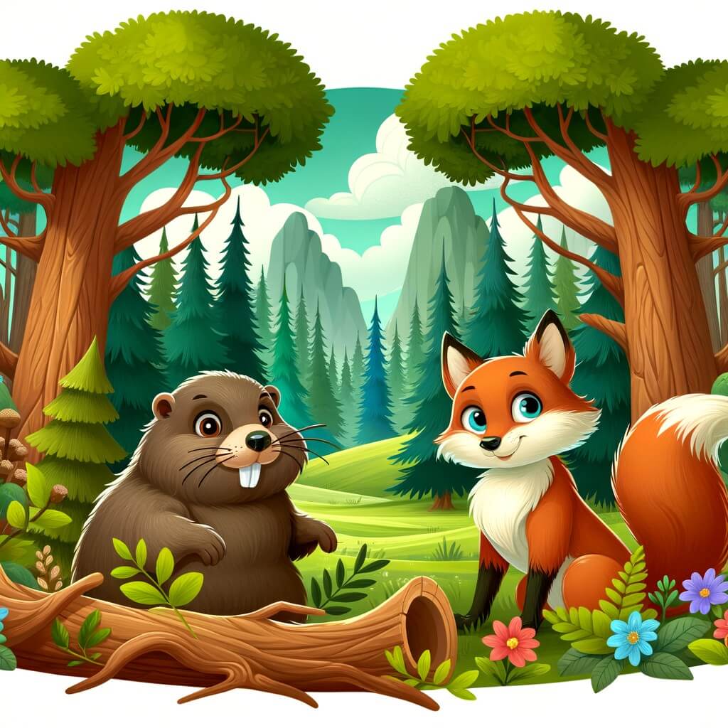 Une illustration destinée aux enfants représentant une marmotte malicieuse, accompagnée d'un renard rusé, dans une forêt enchantée aux arbres majestueux et à la végétation luxuriante.