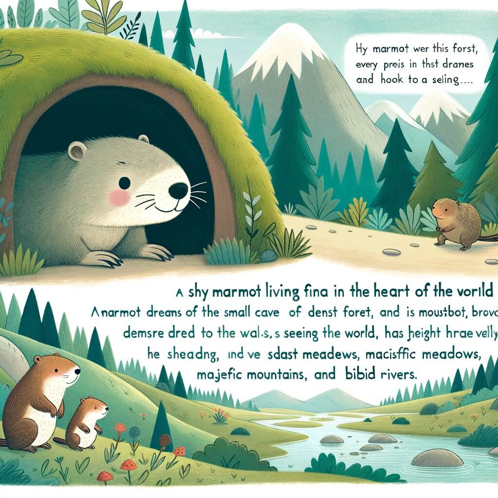 Une illustration pour enfants représentant une marmotte timide, vivant dans une petite grotte au cœur d'une forêt dense, qui rêve de voir le monde et de faire de nouvelles rencontres.