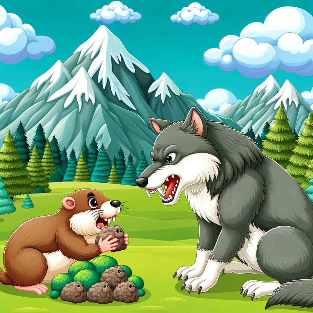 Une illustration destinée aux enfants représentant une adorable marmotte vivant dans les montagnes, faisant face à un grand loup affamé, dans un paysage pittoresque de montagnes verdoyantes et de sommets enneigés.