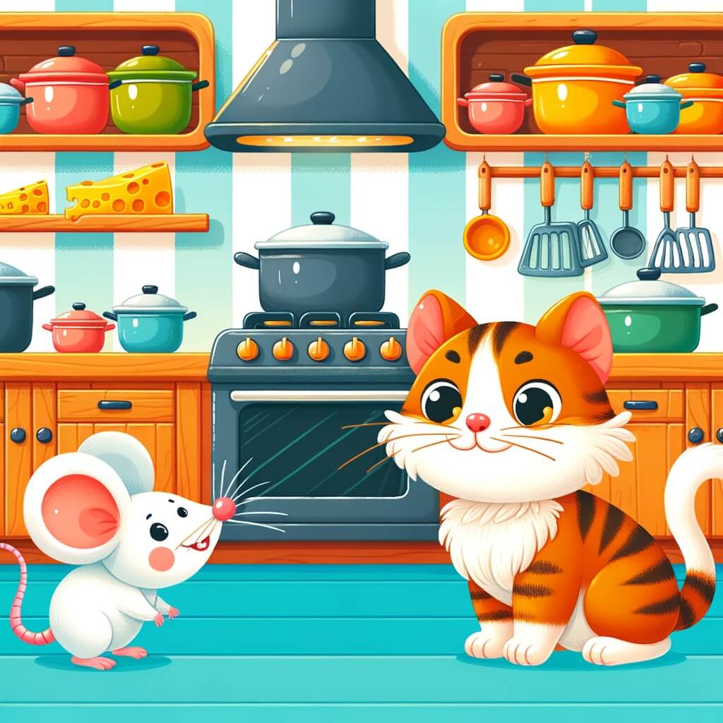 Une illustration destinée aux enfants représentant une petite souris intrépide, confrontée à un chat affamé, dans une cuisine colorée remplie de casseroles étincelantes et de placards remplis de délicieux morceaux de fromage.