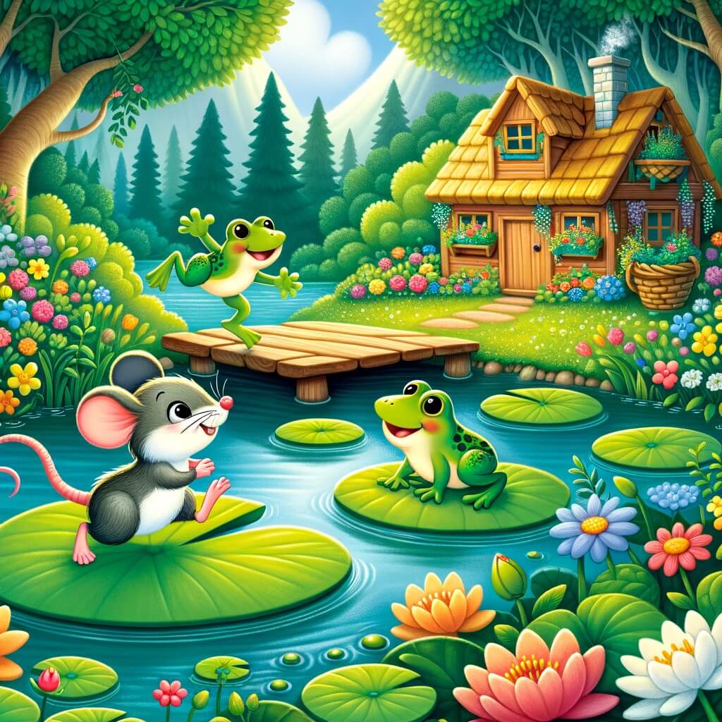 Une illustration pour enfants représentant une petite souris curieuse qui se lance dans une compétition avec des grenouilles dans une charmante maisonnette au cœur d'une forêt enchantée.