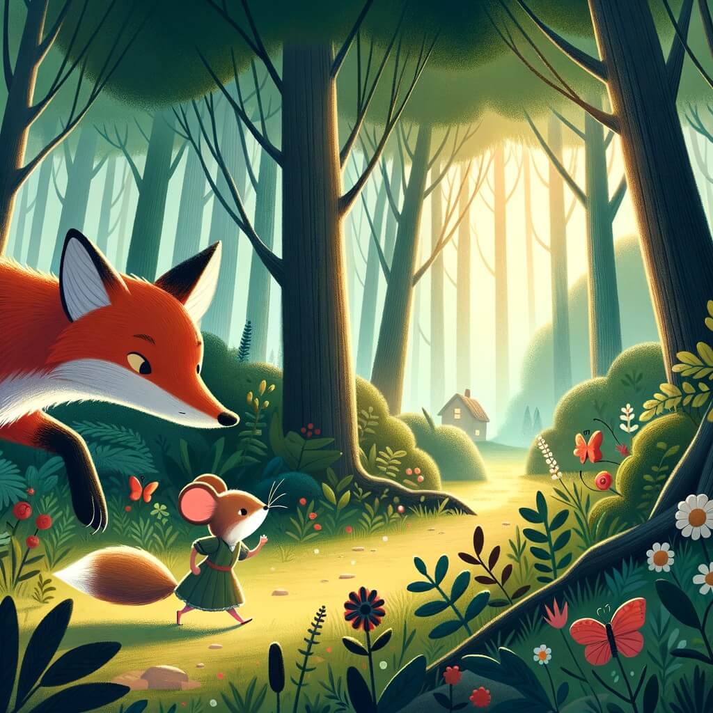 Une illustration pour enfants représentant une petite souris courageuse essayant de survivre dans une forêt pleine de dangers, avec l'aide d'un ami hibou sage.