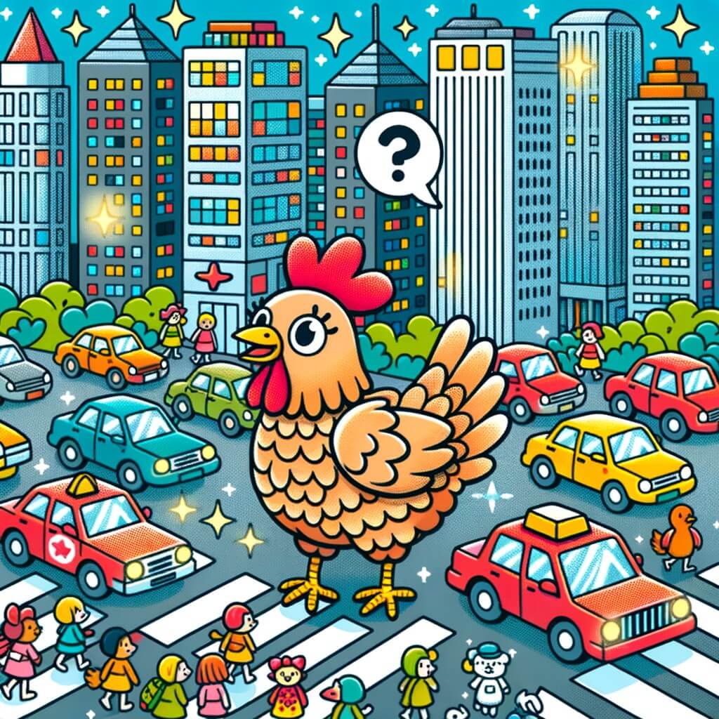 Une illustration pour enfants représentant une poule malicieuse vivant dans une ferme, qui se retrouve embarquée dans une grande aventure après s'être cachée dans un camion qui l'emmène dans une ville animée.