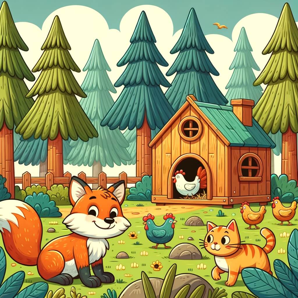 Une illustration destinée aux enfants représentant un renard rusé et affamé, cherchant à se nourrir dans un poulailler, accompagné d'un chat roux, dans une clairière en lisière de la forêt, avec des arbres majestueux et un poulailler en bois coloré.
