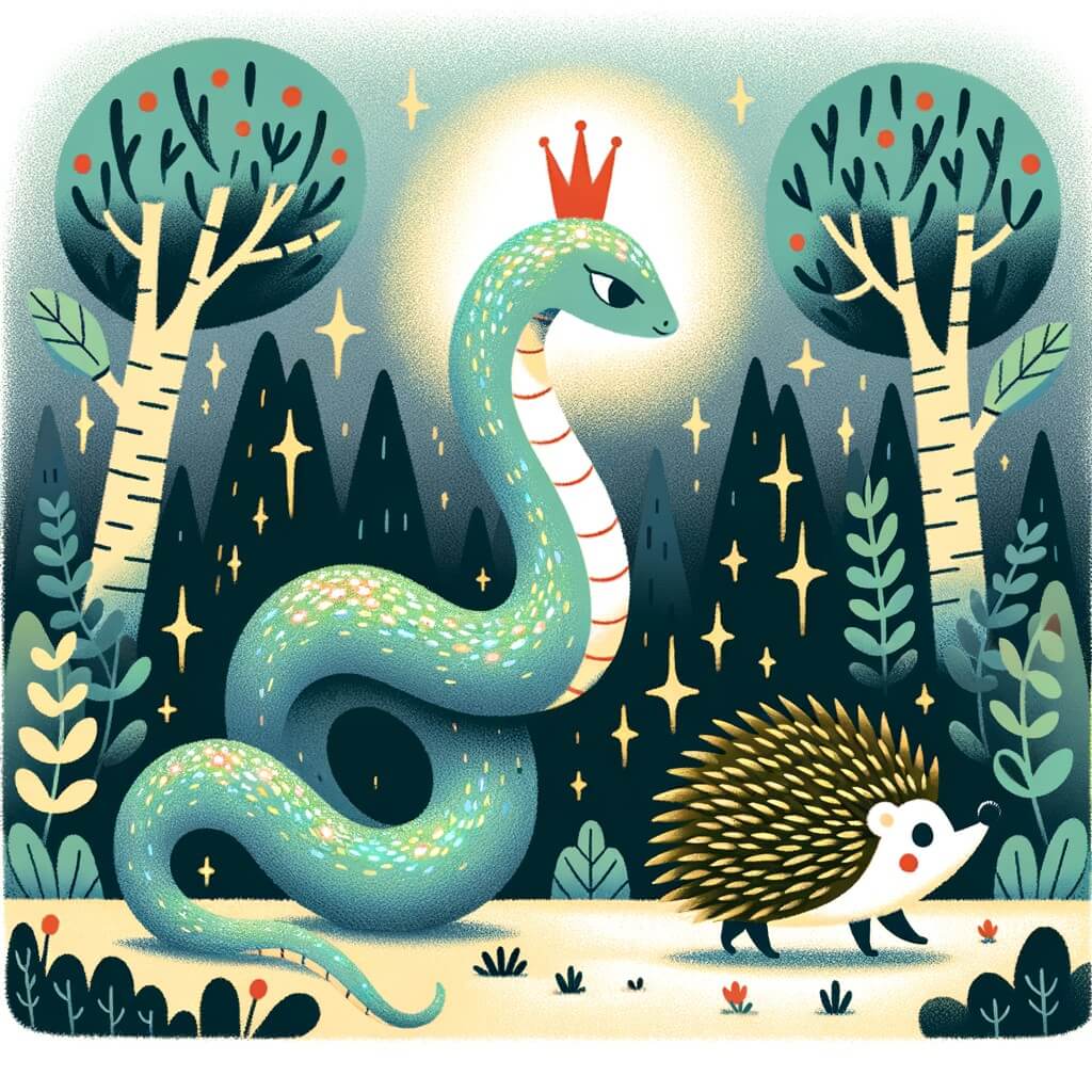 Une illustration pour enfants représentant une serpentine avec une tache rouge, cherchant des amis dans une forêt dense et mystérieuse.