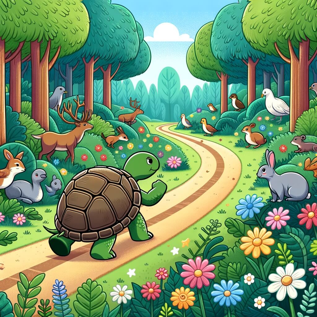 Une illustration destinée aux enfants représentant une tortue déterminée, entourée de divers animaux de la forêt, courant sur un chemin sinueux bordé de fleurs colorées au cœur d'une luxuriante forêt verdoyante.