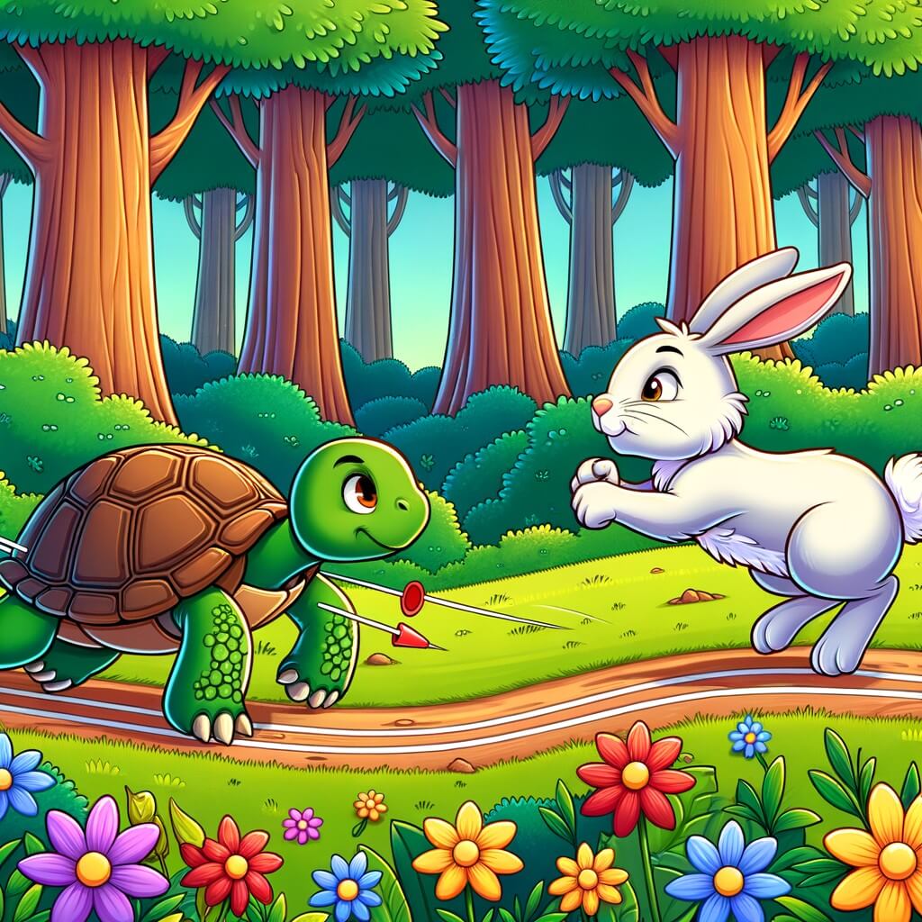 Une illustration destinée aux enfants représentant une tortue déterminée à gagner une course contre un lièvre arrogant, dans une forêt luxuriante où les arbres s'élèvent majestueusement et les fleurs multicolores parsèment le sol.