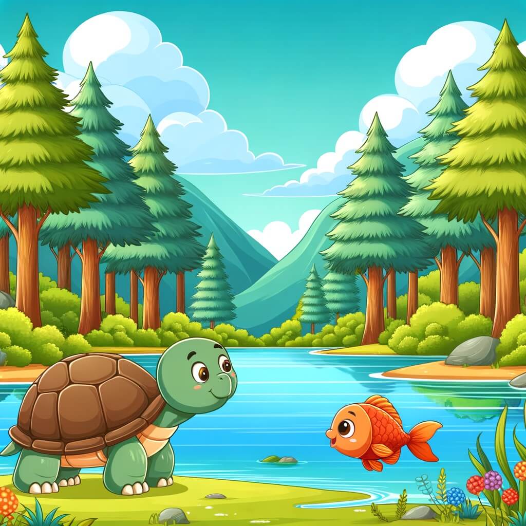 Une illustration destinée aux enfants représentant une tortue solitaire dans une forêt luxuriante, accompagnée d'un jeune poisson curieux, près d'un magnifique lac aux eaux cristallines.