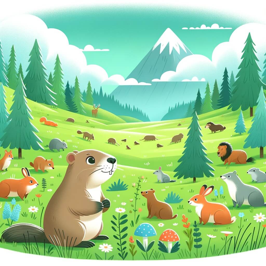 Une illustration destinée aux enfants représentant une marmotte curieuse dans une prairie verdoyante, découvrant une vallée magique où les animaux vivent en harmonie et en paix.
