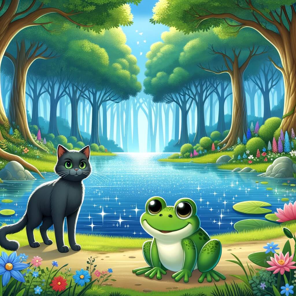 Une illustration destinée aux enfants représentant une petite grenouille curieuse, se trouvant face à un grand lac étincelant, accompagnée d'un chat noir mystérieux, dans une forêt luxuriante aux arbres majestueux et aux fleurs colorées.