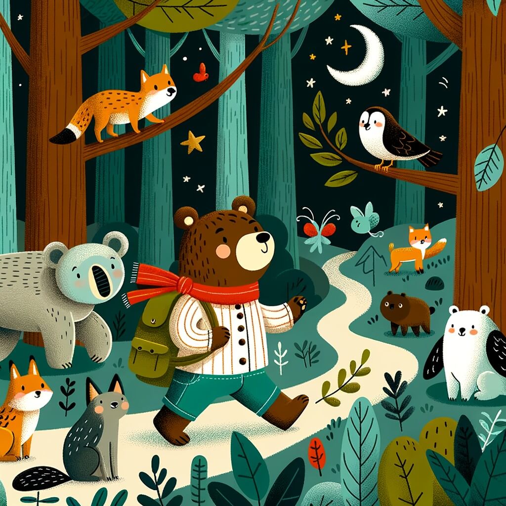Une illustration destinée aux enfants représentant un ourson curieux et courageux, accompagné de ses amis animaux, dans une forêt dense et sombre, où ils vivent de grandes aventures et découvrent des leçons de vie.