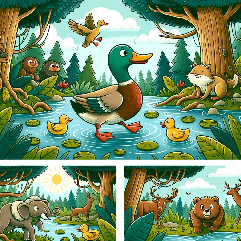 Une illustration destinée aux enfants représentant un courageux canard, vivant dans une mare au milieu d'une forêt luxuriante, qui se retrouve confronté à des défis et dangers, mais qui trouve toujours le moyen de les surmonter avec sa bravoure et son intelligence, accompagné de ses amis animaux.