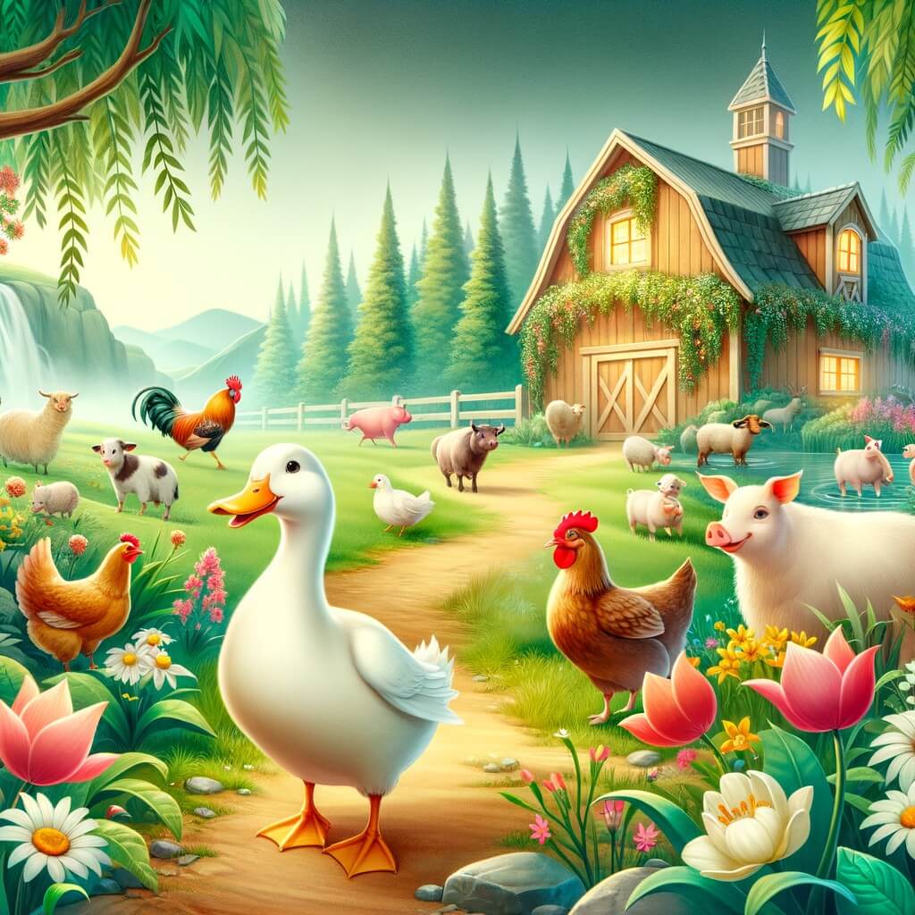 Une illustration pour enfants représentant un canard solitaire à la recherche d'amitié dans une ferme enchantée.