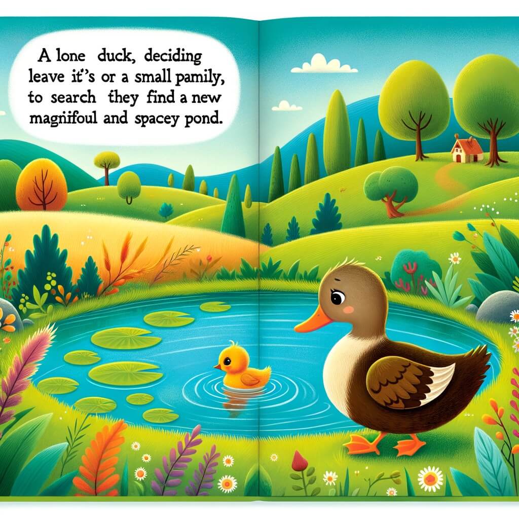 Une illustration pour enfants représentant un canard solitaire dans une petite mare, qui cherche à trouver des amis et une famille, pour vivre des aventures dans de nouveaux endroits.
