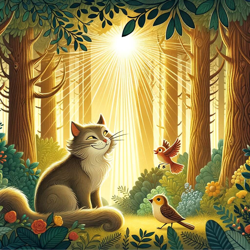Une illustration destinée aux enfants représentant un chat malin et rusé se trouvant dans une forêt enchantée, accompagné d'un petit oiseau, tandis que les rayons du soleil filtrent à travers les arbres majestueux.