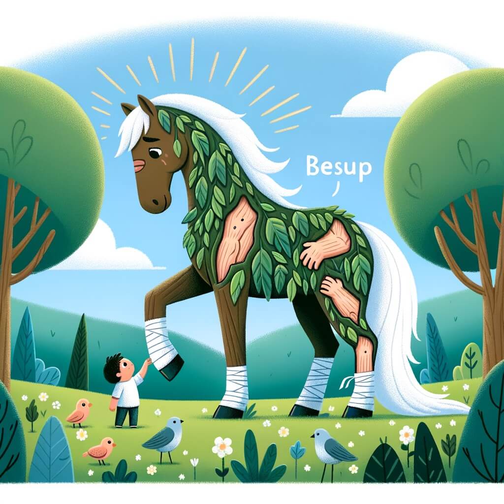 Une illustration pour enfants représentant un majestueux cheval blessé qui vit dans une grande prairie verdoyante.