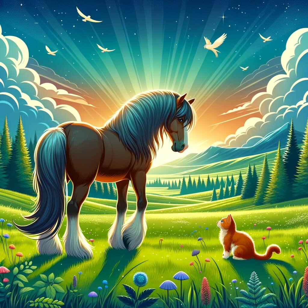 Une illustration pour enfants représentant un fier cheval solitaire vivant dans une vaste prairie verdoyante.
