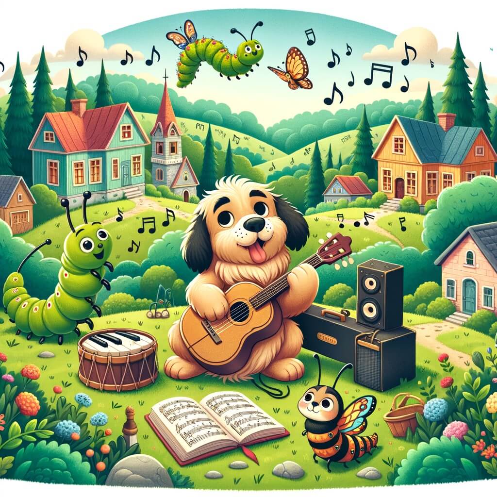 Une illustration destinée aux enfants représentant un chien talentueux et passionné de musique, qui part à la recherche de l'instrument parfait avec l'aide d'une chenille parlante, dans un village pittoresque entouré d'une magnifique forêt verdoyante.