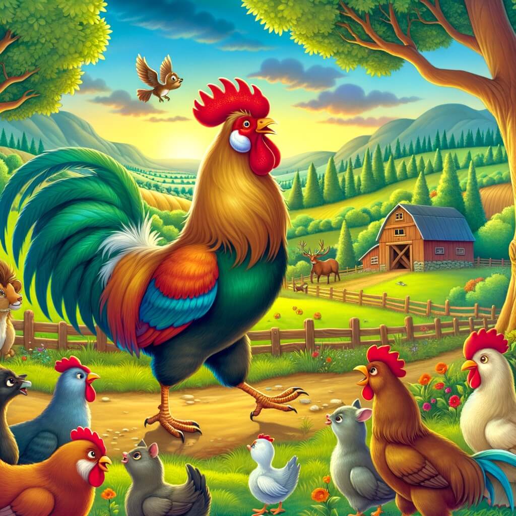 Une illustration destinée aux enfants représentant un coq fier et coloré, se pavanant dans une ferme pittoresque entourée de champs verdoyants et d'arbres majestueux, tandis que les autres animaux observent, certains moqueurs, d'autres curieux.
