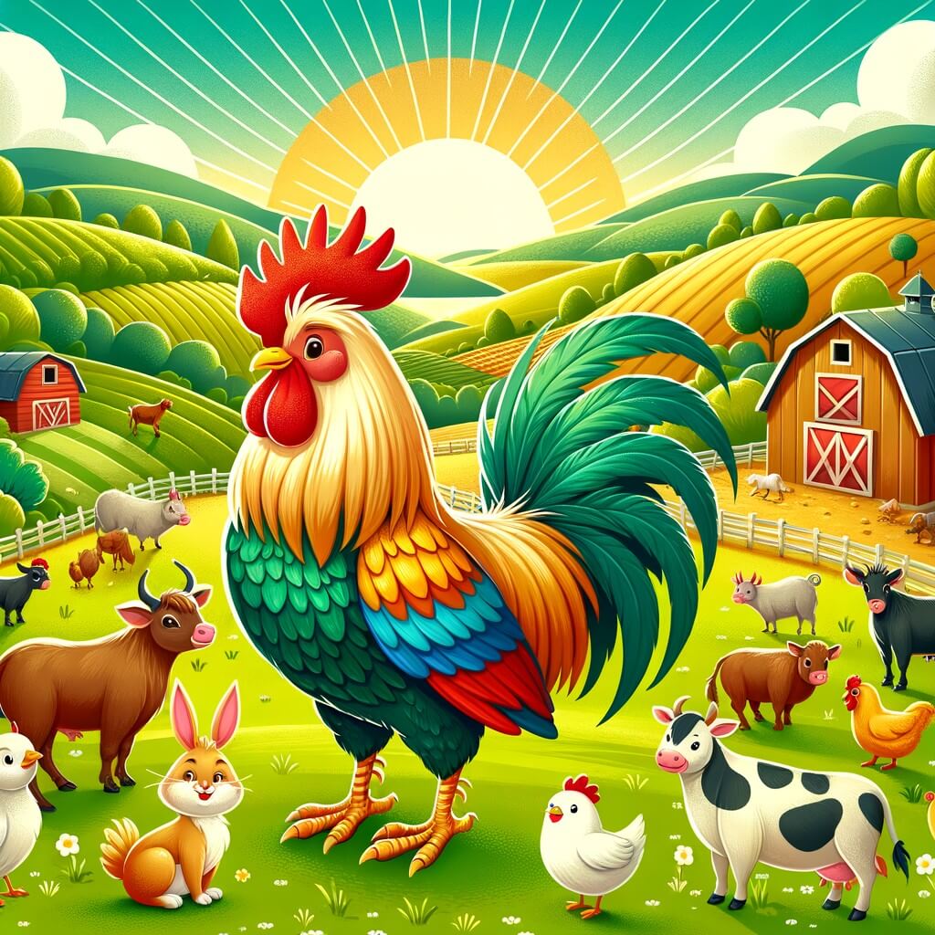 Une illustration destinée aux enfants représentant un fier coq au plumage flamboyant, se tenant au milieu d'une ferme paisible, entouré d'animaux curieux, dans un paysage verdoyant baigné par les premiers rayons du soleil levant.