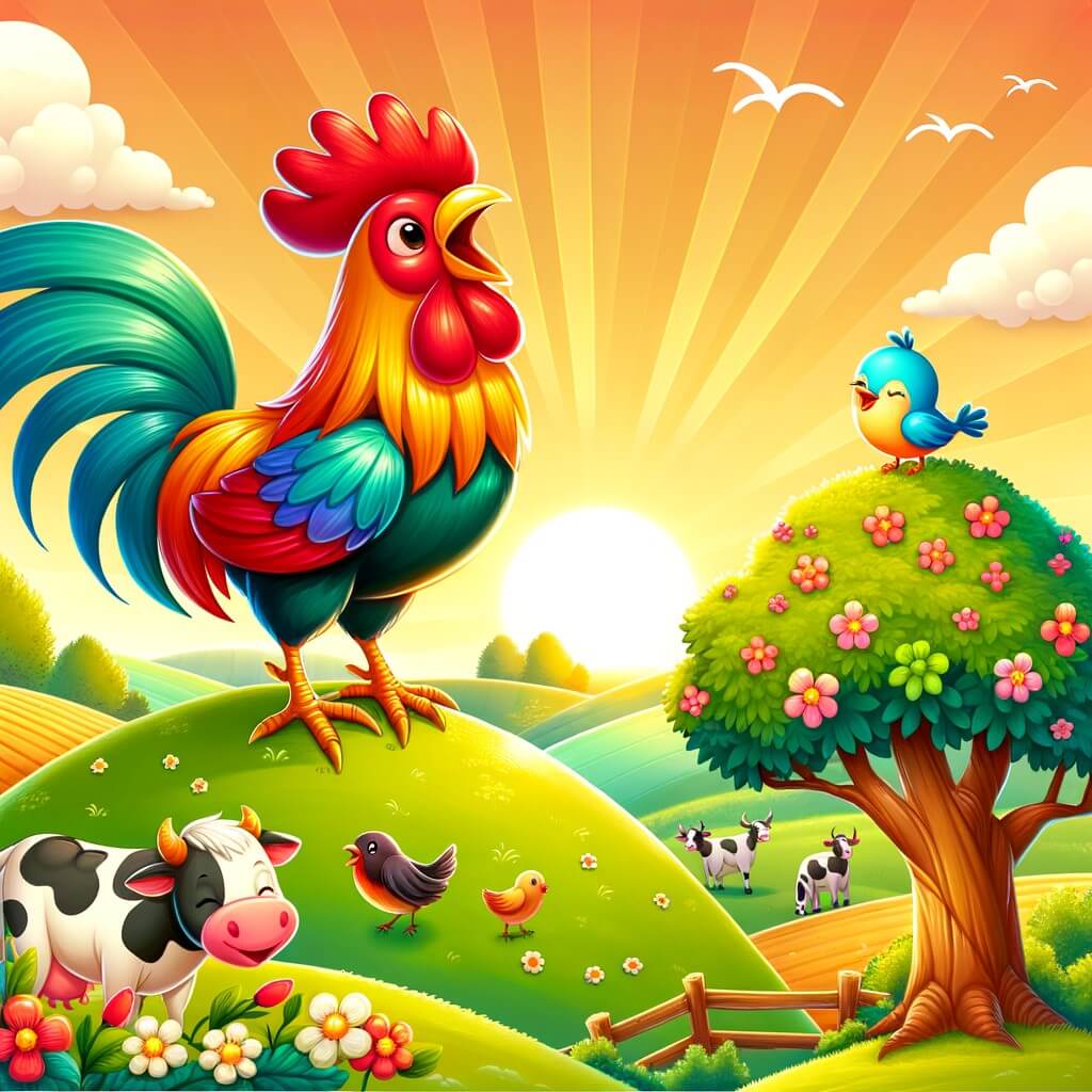Une illustration destinée aux enfants représentant un fier coq multicolore, debout sur une colline verdoyante, chantant fièrement pour annoncer le lever du soleil, tandis qu'un petit oiseau curieux l'observe depuis un arbre fleuri, dans la chaleureuse atmosphère d'une ferme pittoresque entourée de champs et de vaches paisibles.